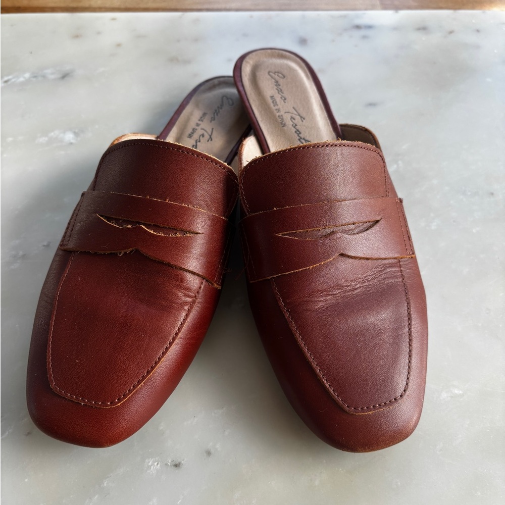 Brown genuine Spanish leather flat mule slides womens size eu 39 us 8